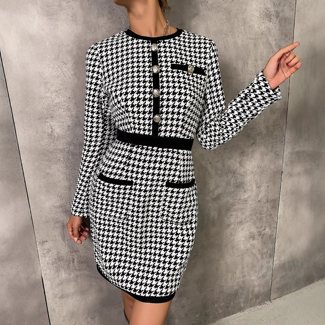 Dame elegant kjole i klassisk houndstooth mønster med knapdetaljer og lommer Stilla