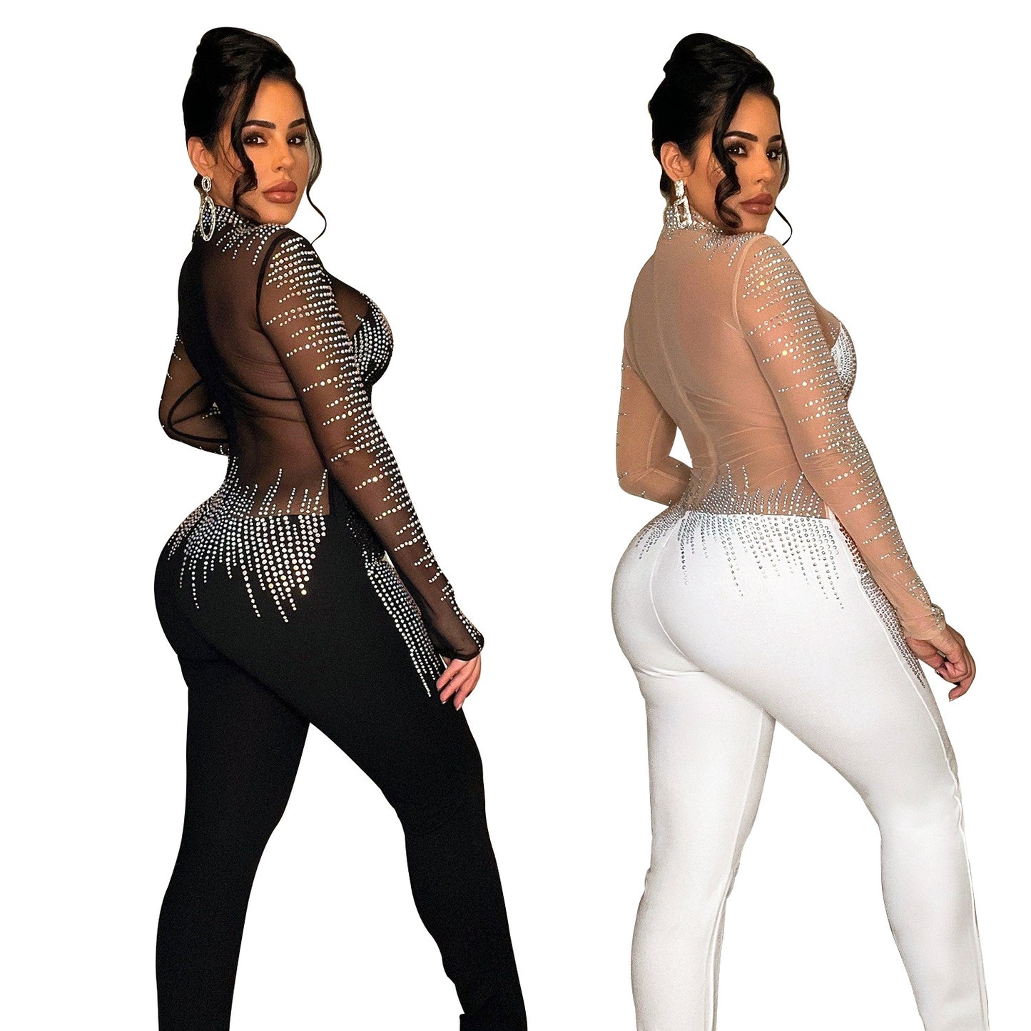 Dame Glamourøs Bodycon Jumpsuit med gennemsigtigt overdel og glitrende strassdekorationer Stilla