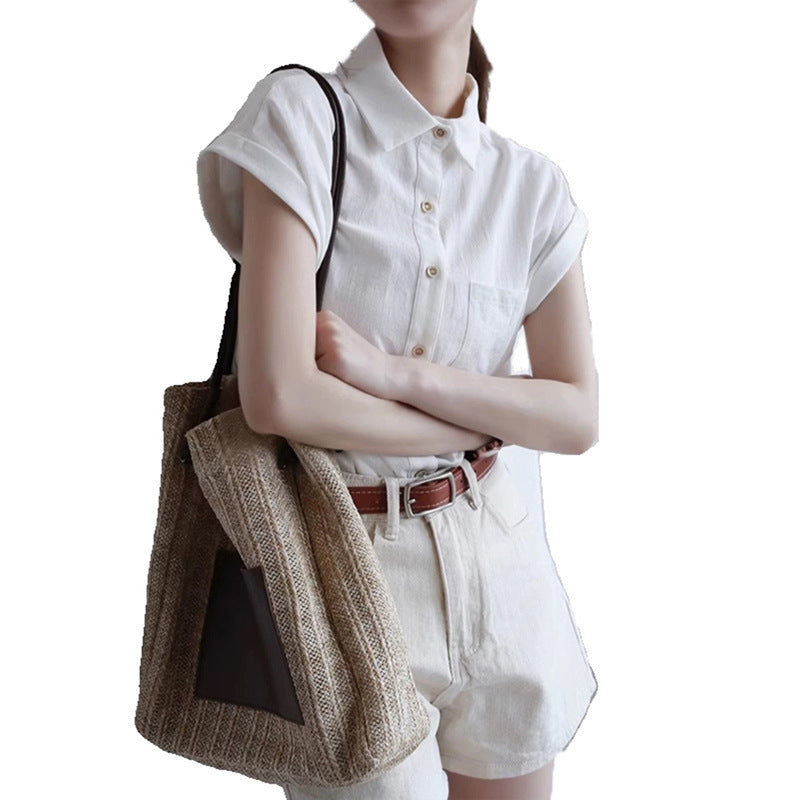 Dame afslappet kortærmet skjorte med klassisk krave og praktiske lommer Stilla