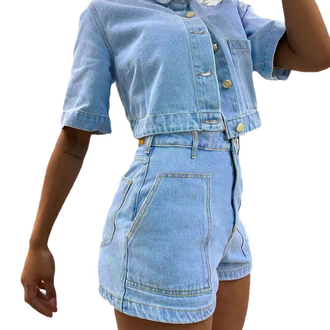 Dame cropped Denim-jakke og shorts sæt med praktiske lommer og figursyet snit Stilla