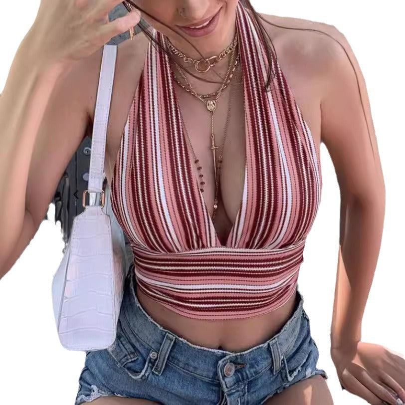 Dame dybt udskåret crop-top med stribemønster og elastisk kant Stilla