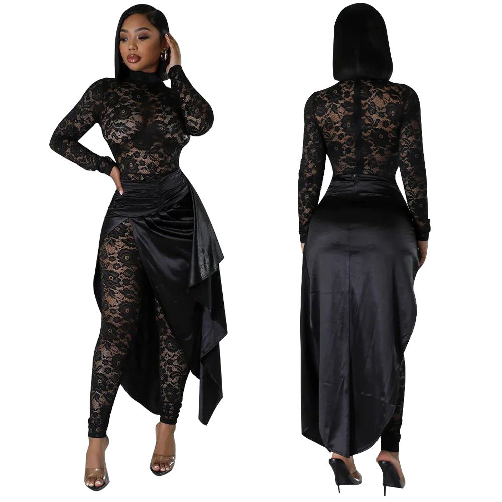 Dame elegant spids-jumpsuit med asymmetrisk overtræk og lang arm Stilla