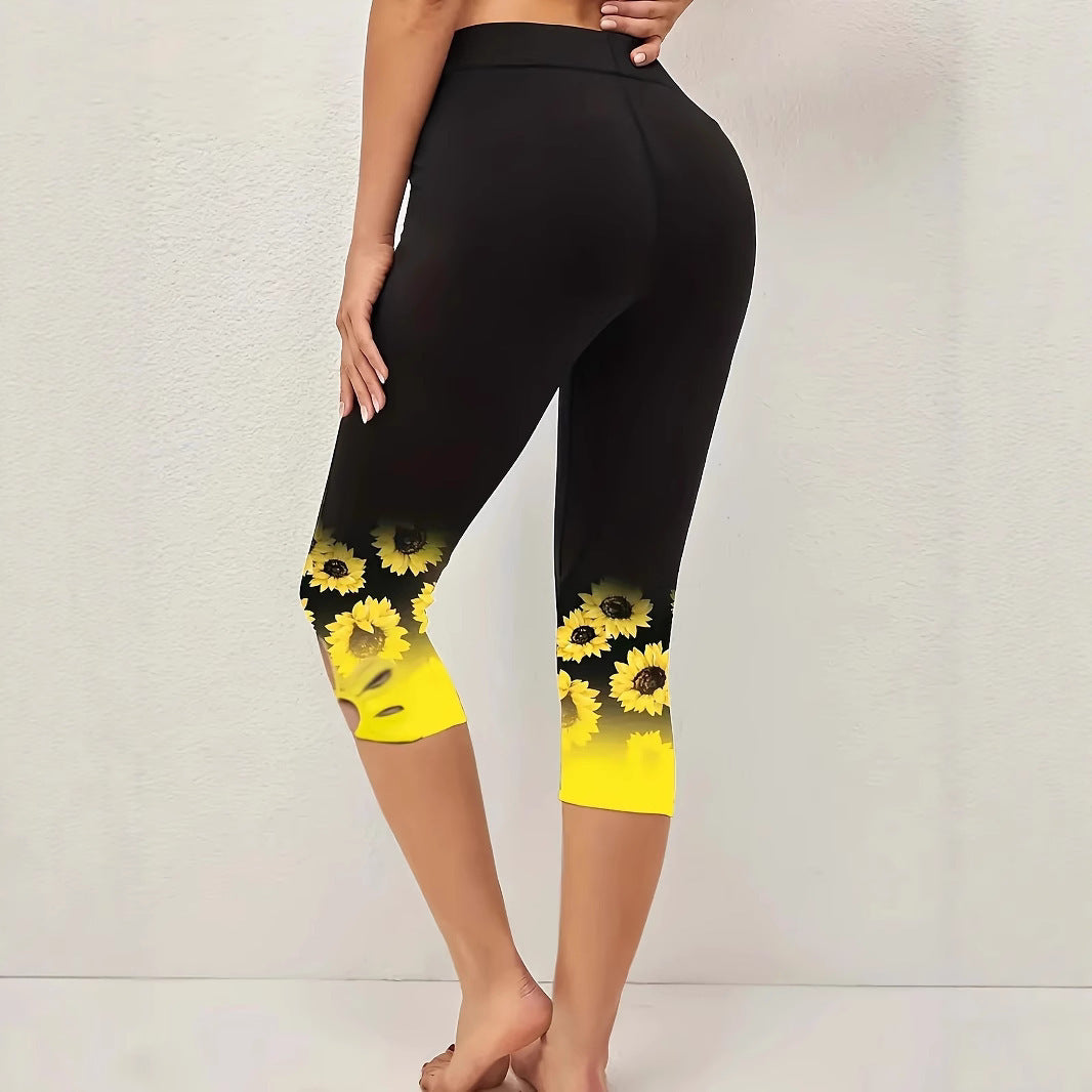 Dame Capri-Leggings med unikt solsikke-design og høj talje Stilla