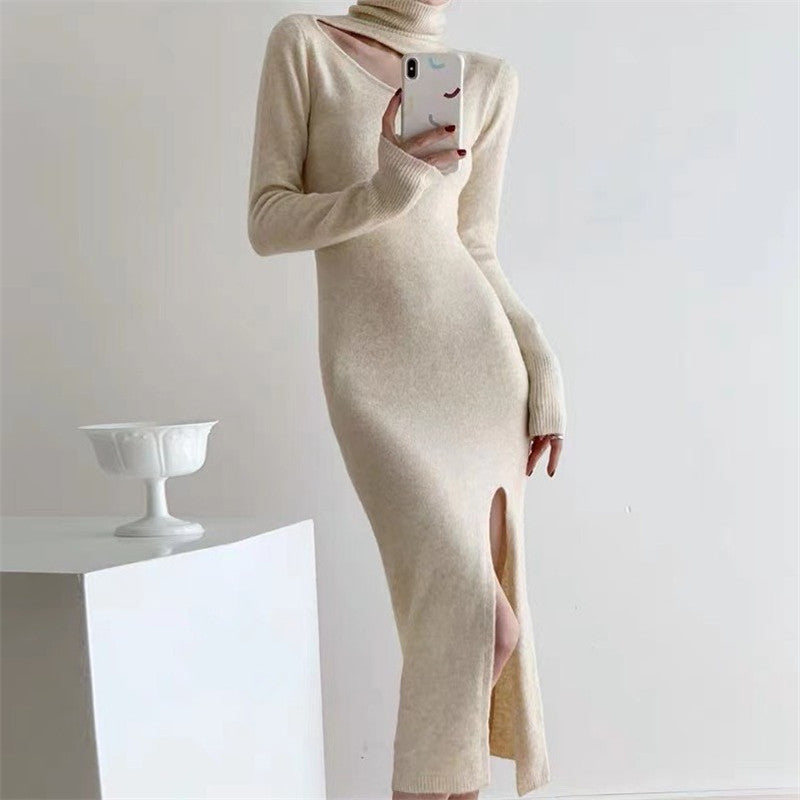 Dame High-Slit Strik Midi Kjole med Rullekrave Stilla