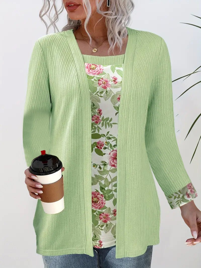 Dame afslappet cardigan med blomstret inderfór Stilla