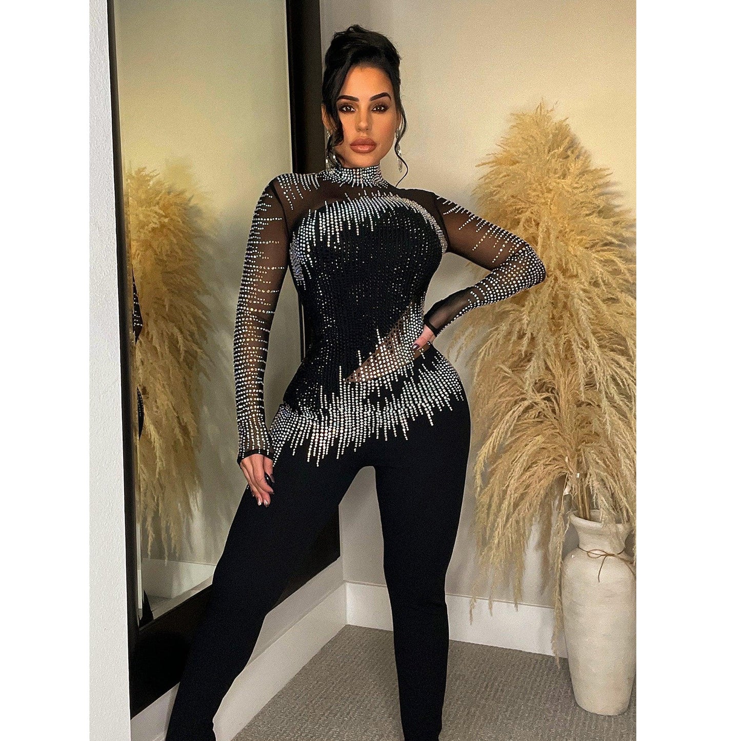 Dame Glamourøs Bodycon Jumpsuit med gennemsigtigt overdel og glitrende strassdekorationer Stilla