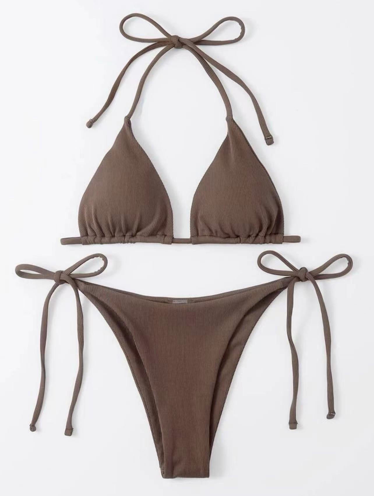 Dame Triangel-Bikini-Sæt med justerbare bindebånd og ribbet design Stilla