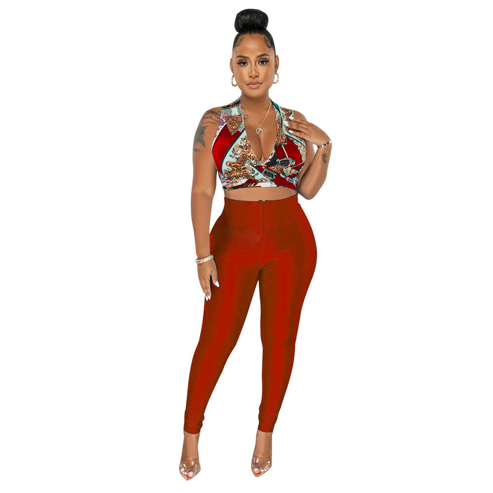 Dame Crop Top og Høj taljede Leggings Sæt med elegant trykdesign Stilla