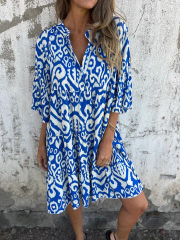 Stilla | Chic Forår Sommer Print Rynket V-Hals Kjole