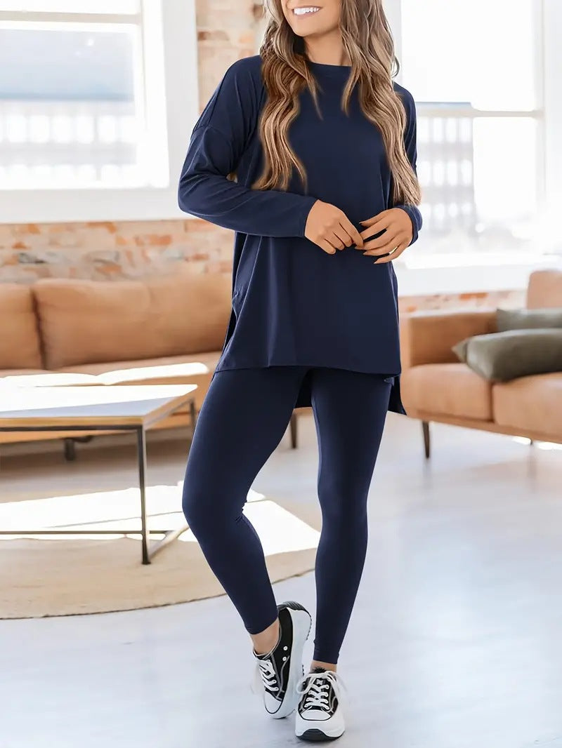 Dame Sporty Lang Tunika Bluse og Leggings Sæt Stilla