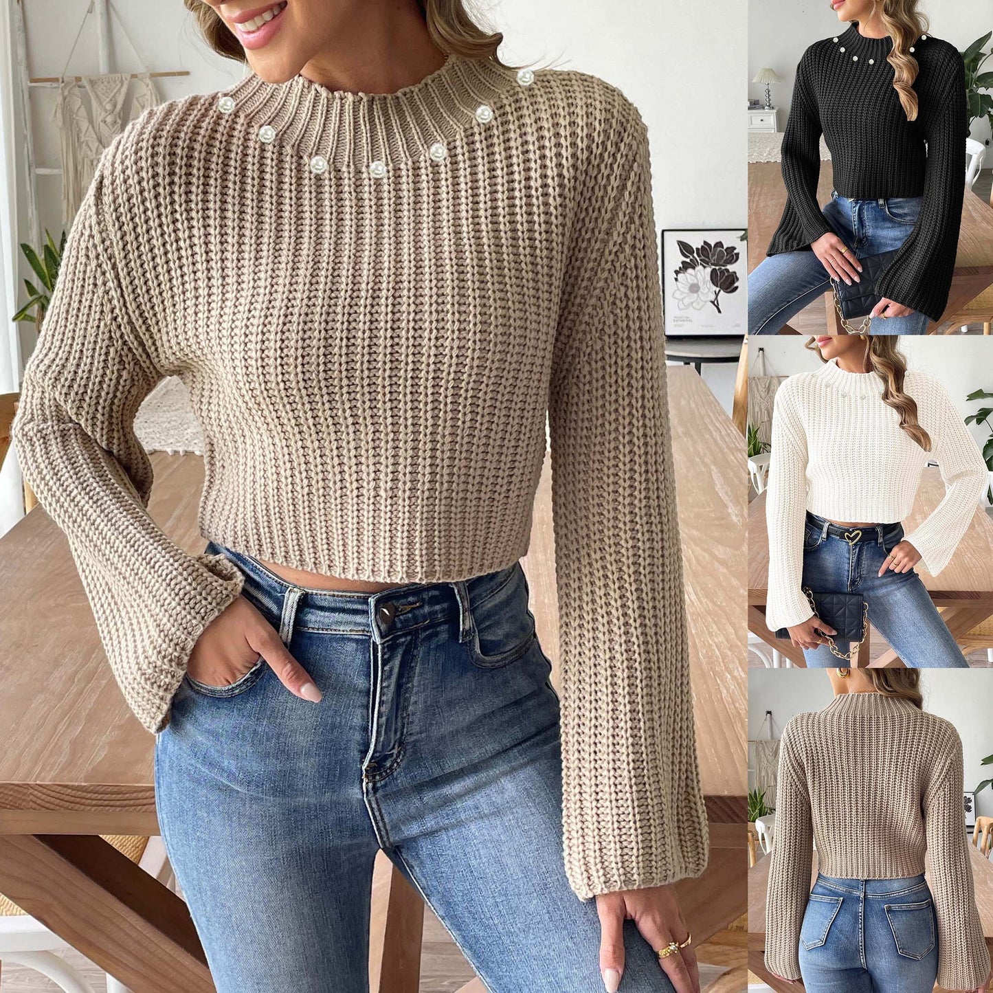 Dame trendy sweater med bred arm og perle detaljer Stilla