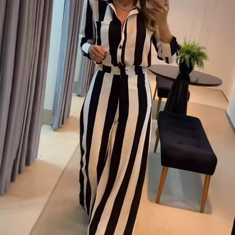 Dame Elegant Jumpsuit med brede striber og skjorte krave Stilla
