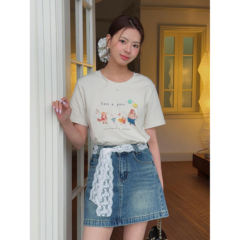 Dame denim-nederdel med dekorativ spidselastik og moderigtigt snit Stilla