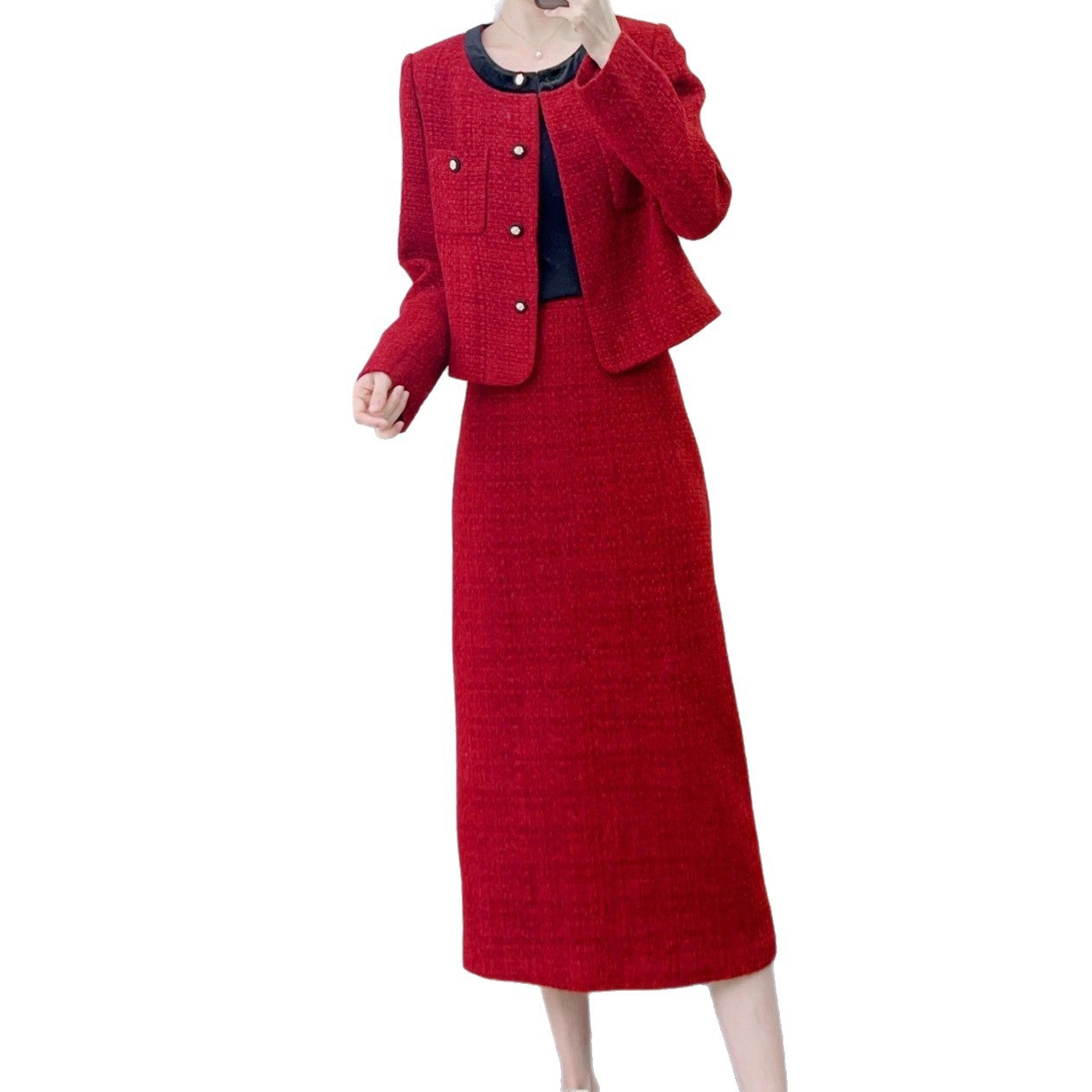 Dame elegant blazer-nederdel-sæt med fashionable knapdetaljer og struktureret tekstur Stilla