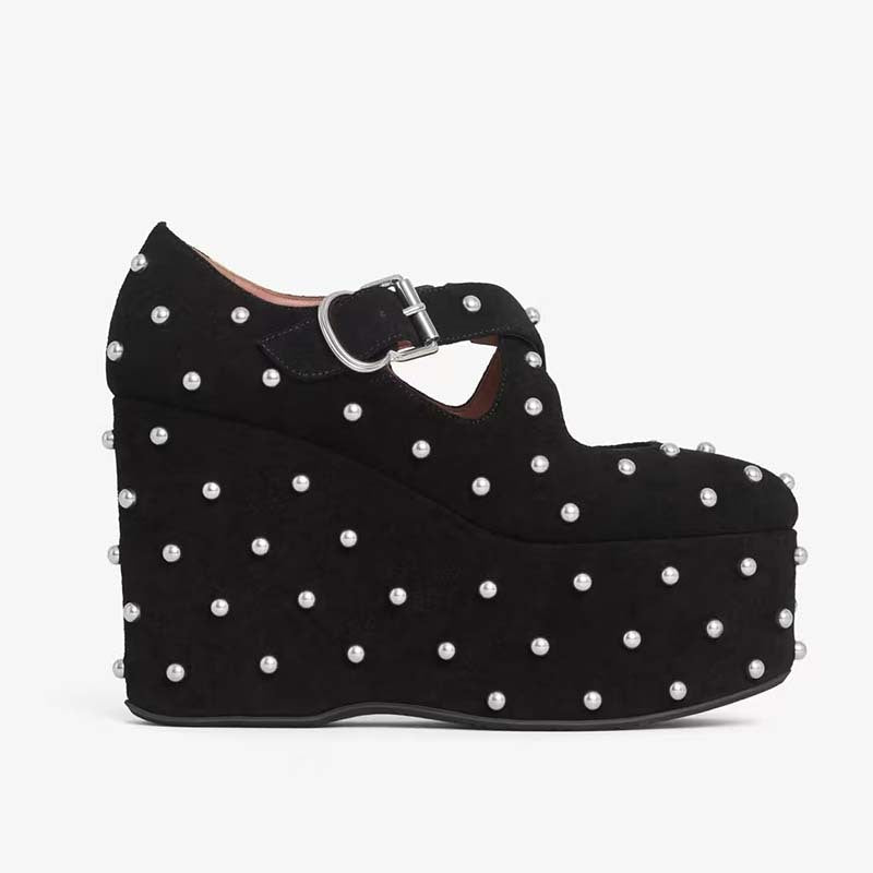 Femme Plattform Mary Jane Wedge-Heels med perleaccentuer Stilla