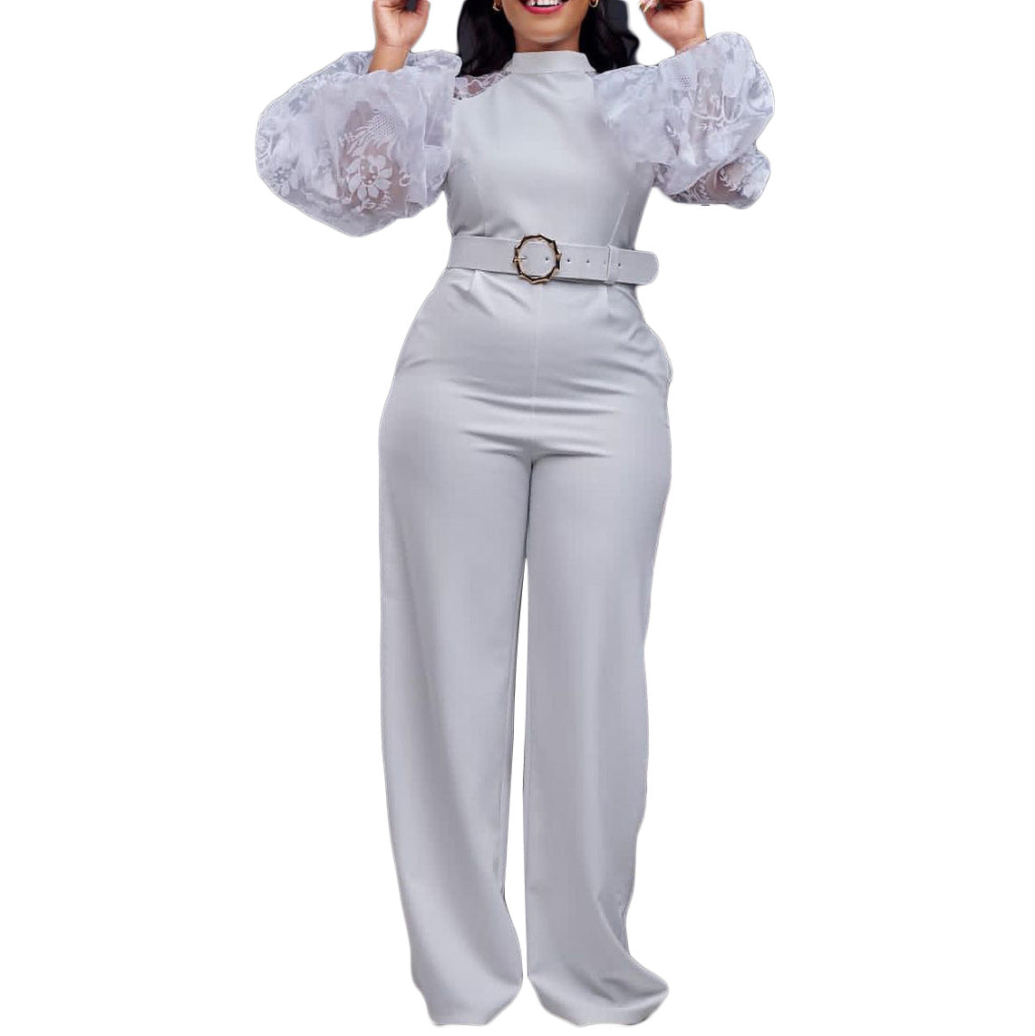 Dame jumpsuit med transparente puffærmer og taljerbar bælte Stilla