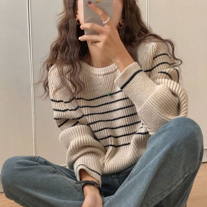 Femme Stribet Groft Strikpullover Stilla