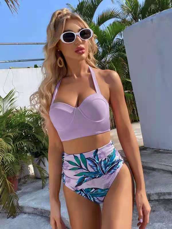Dame Højskåret Bikini med stilfuldt top og elegant rynkning Stilla