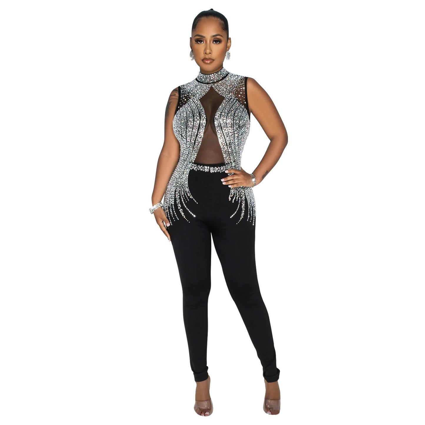 Dame elegant Bodycon jumpsuit med transparente indsatser og strass dekorerede detaljer Stilla