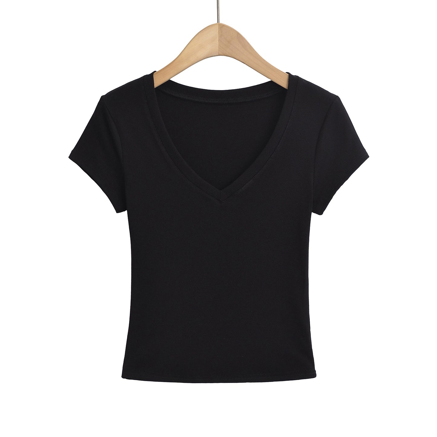 Dame cropped V-hals T-shirt i ribdesign med tætsiddende snit og korte ærmer Stilla