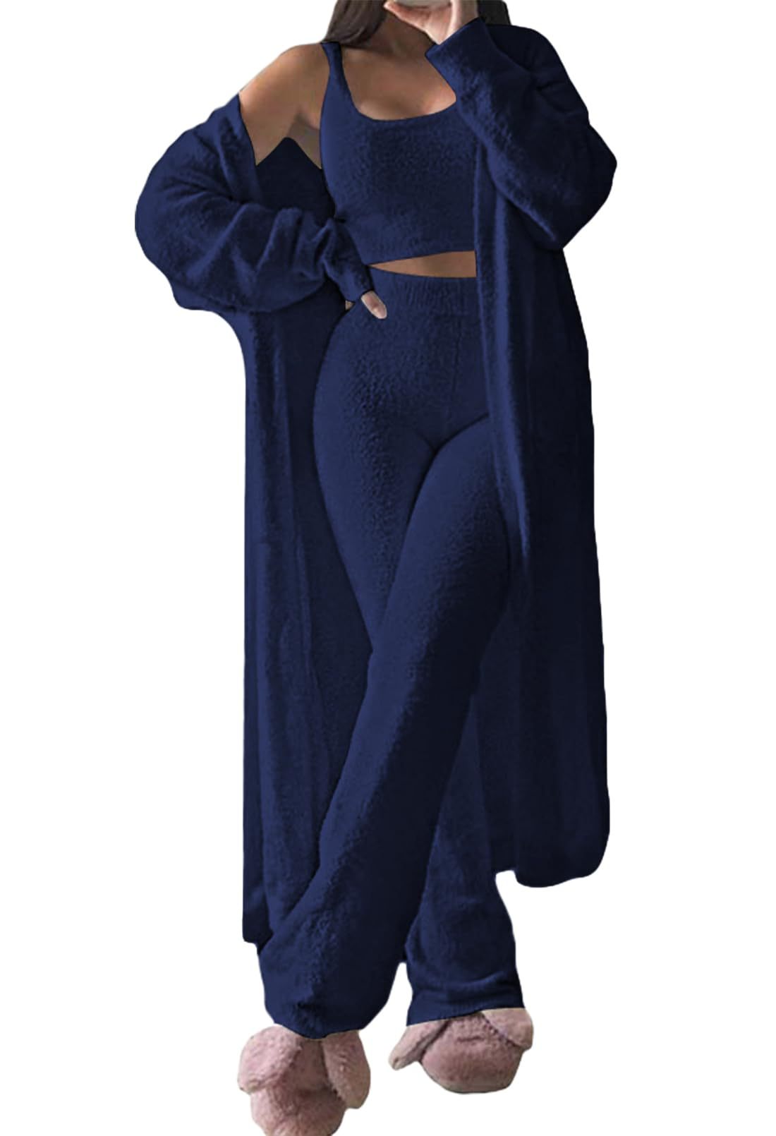 Dame komfortabel strik-loungewear-sæt med cardigan og dyb talje Stilla