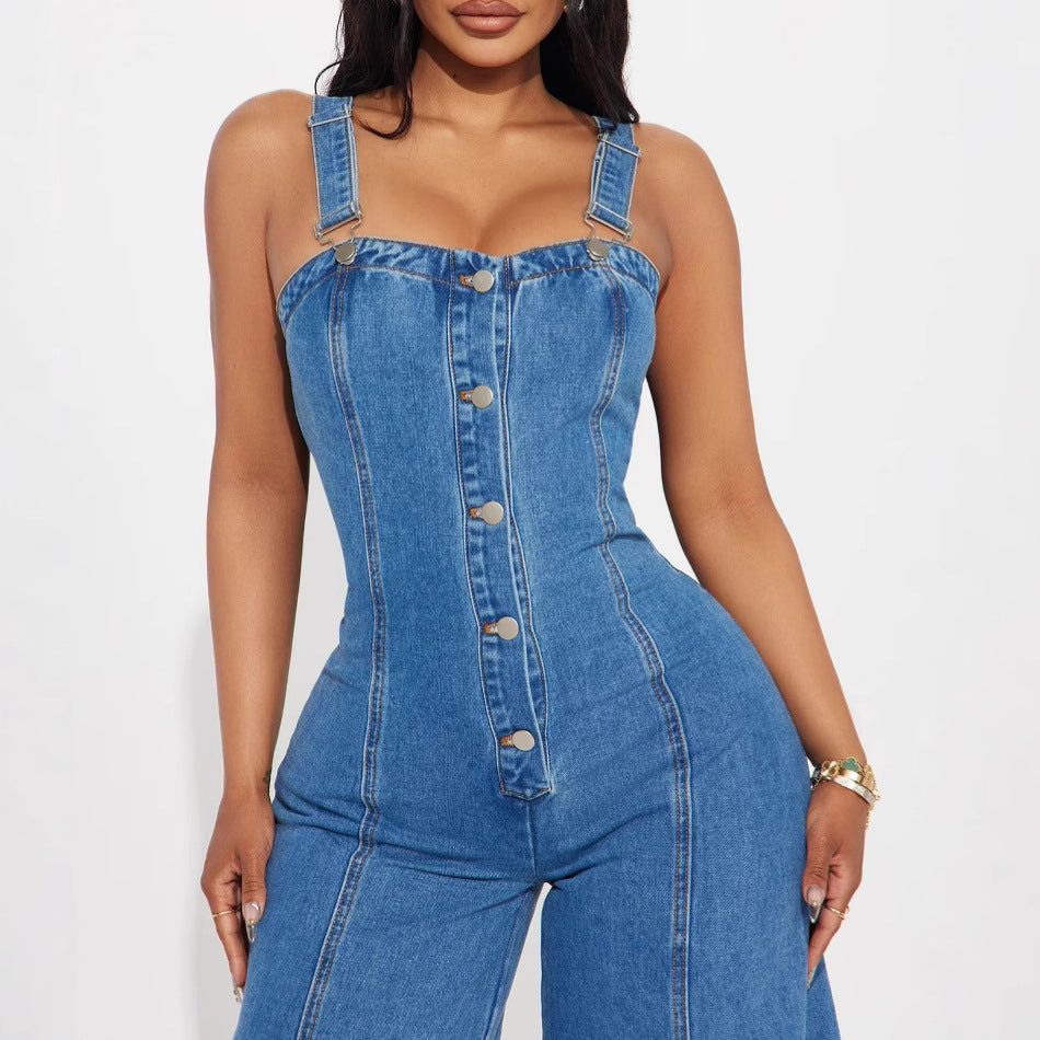 Dame jumpsuit med bred ben og knapdetaljer Stilla