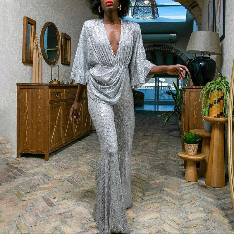 Dame Glamourøs Jumpsuit med funklende Palietter og bredt Ben Stilla