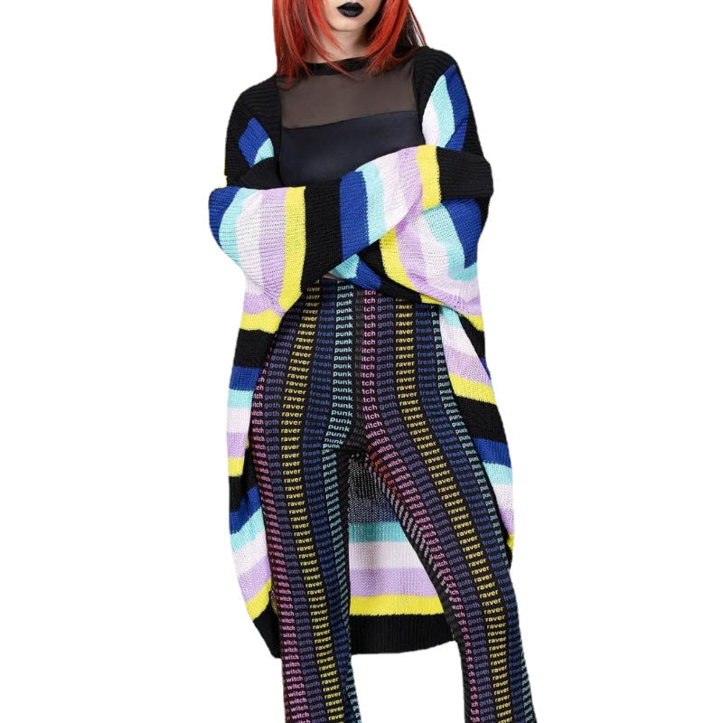 Dame Åben Strikjakke med farverigt stribemønster og løs pasform Stilla