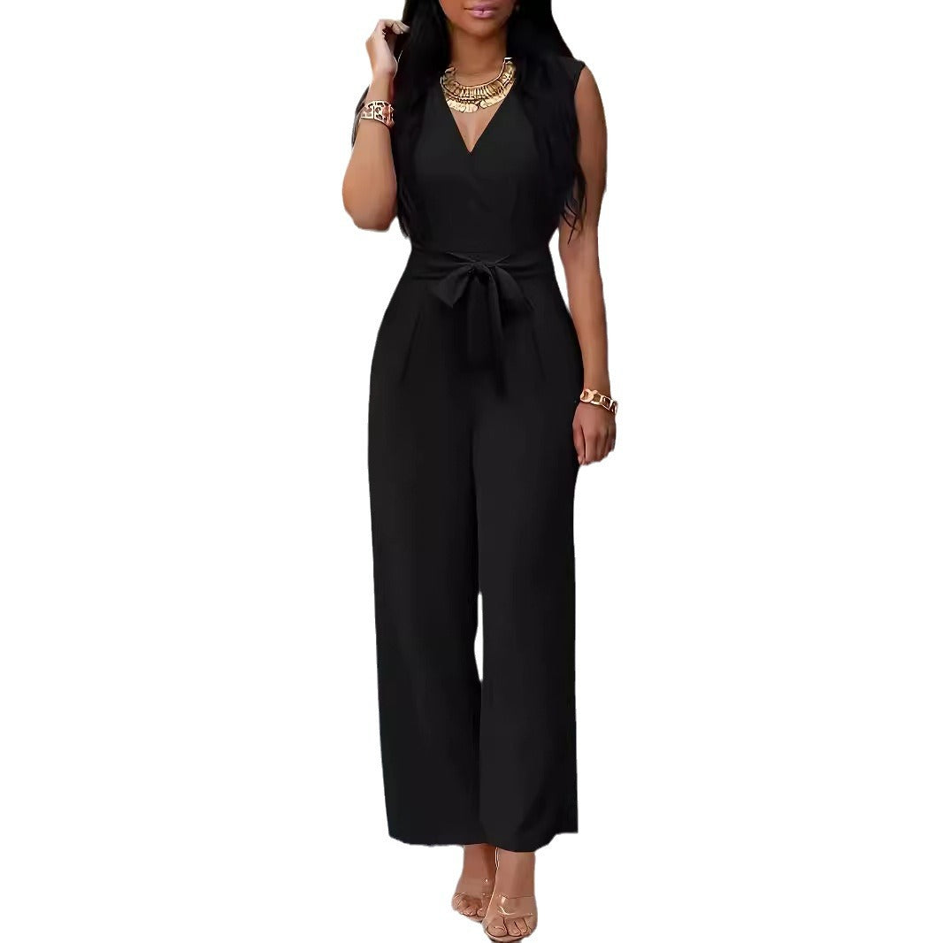 Dame Elegant Jumpsuit med Taljebælte og V-udskæring Stilla