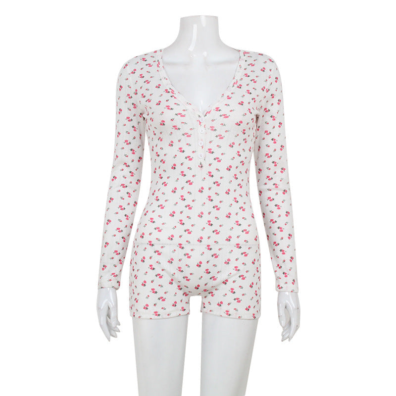 Dame langærmet pyjamas med blomsterdesign og knapper Stilla
