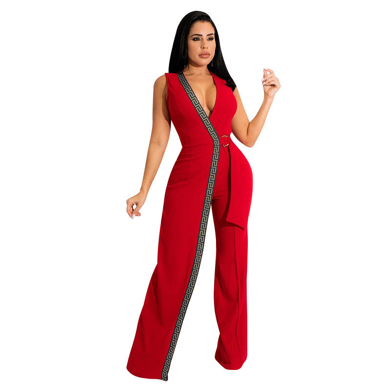 Dame Mode Jumpsuit med dyb V-udskæring og sidelæns bindebælte Stilla