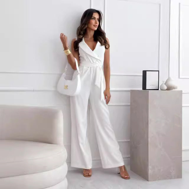 Dame Elegant Jumpsuit med dyb V-udskæring og taljebælte Stilla