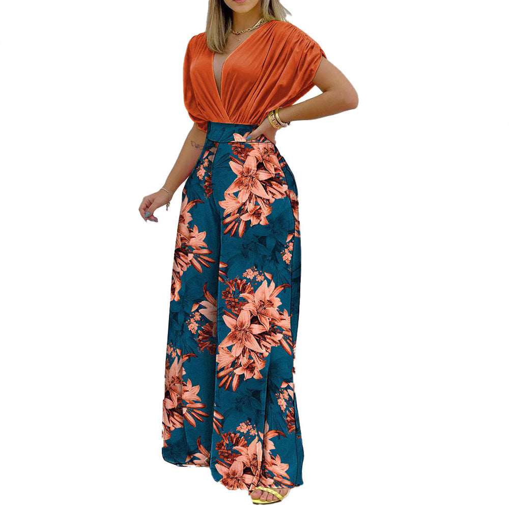 Dame Elegant Jumpsuit med blomsterdesign og dyb V-udskæring Stilla