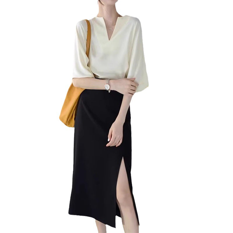 Dame elegant bluse skjorte med V-hals og flydende stof Stilla