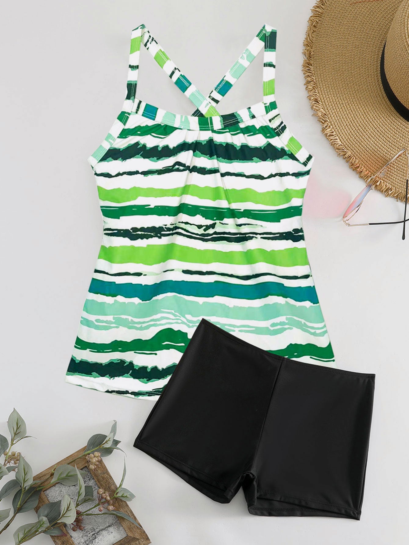 Dame Sporty Tankini-sæt med stribet top og shorts-agtig bund Stilla