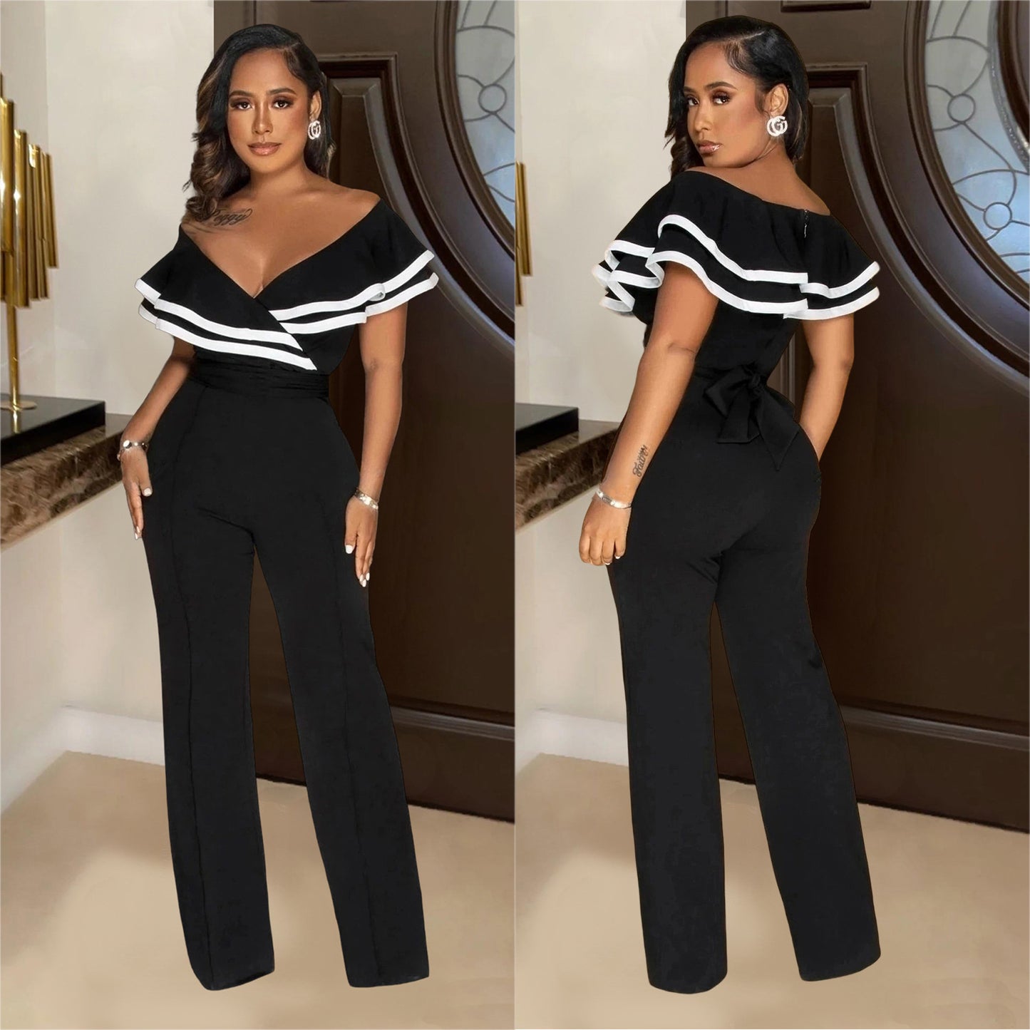 Dame Elegant Off-Shoulder Jumpsuit med ruffles detaljer og tætsiddende snit Stilla