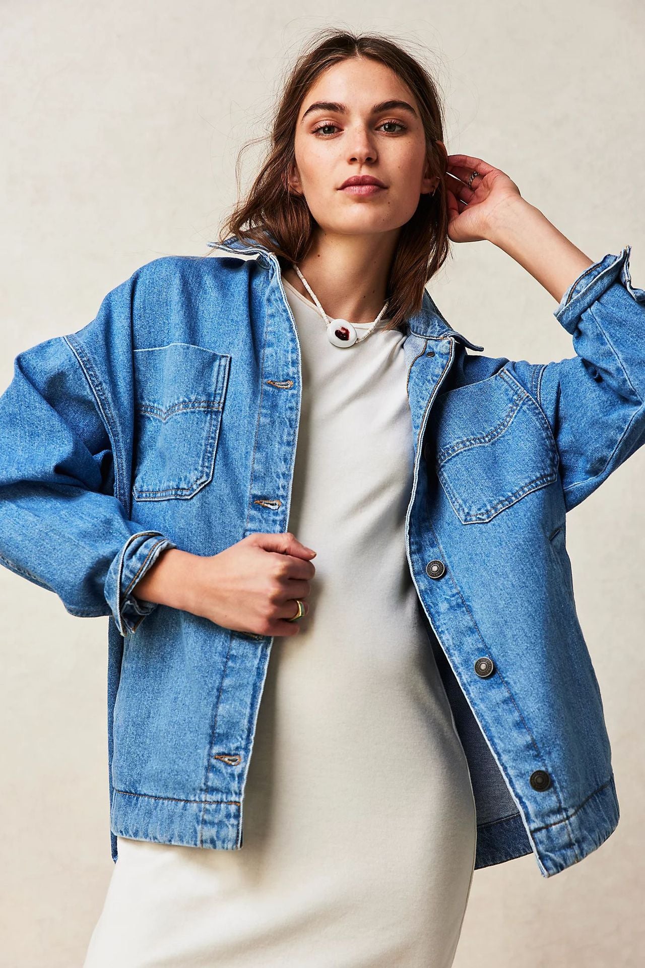 Dame trendy oversized jeansjakke med store lommer Stilla