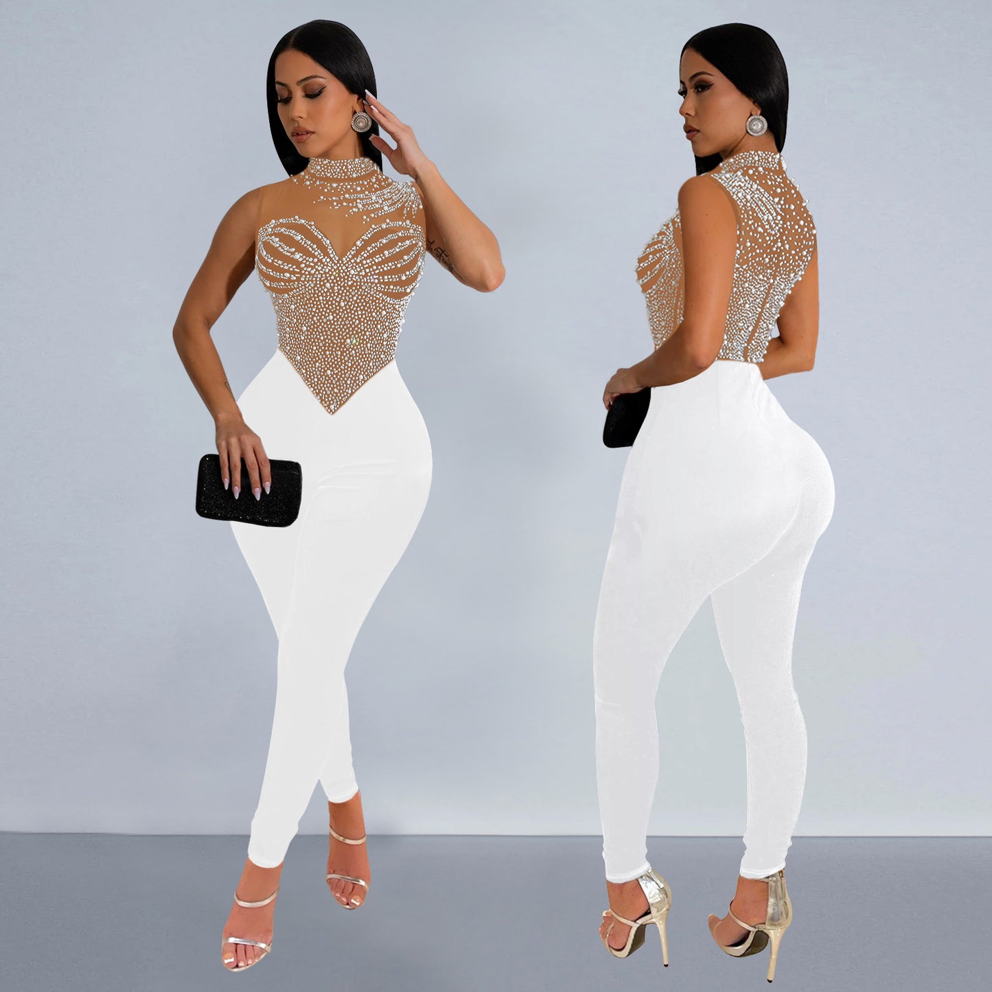 Dame glamorøs jumpsuit med glitrende strassdetaljer og gennemsigtigt overmateriale Stilla