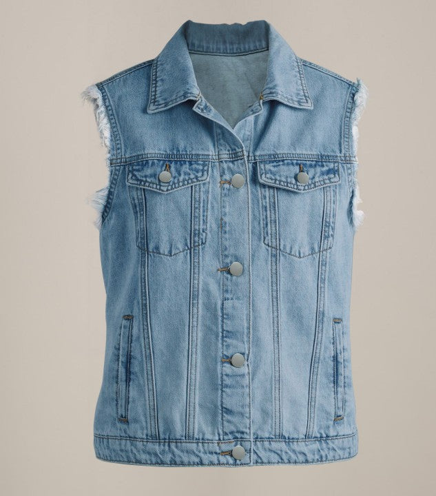 Dame Denim Vest med frynset kanter og funktionelle lommer Stilla