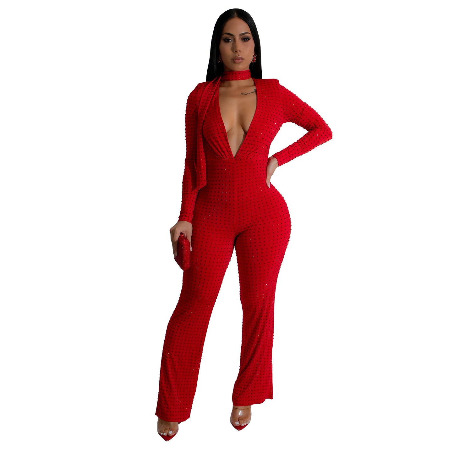 Dame glamorøs jumpsuit med dyb v-udskæring og lange ærmer Stilla