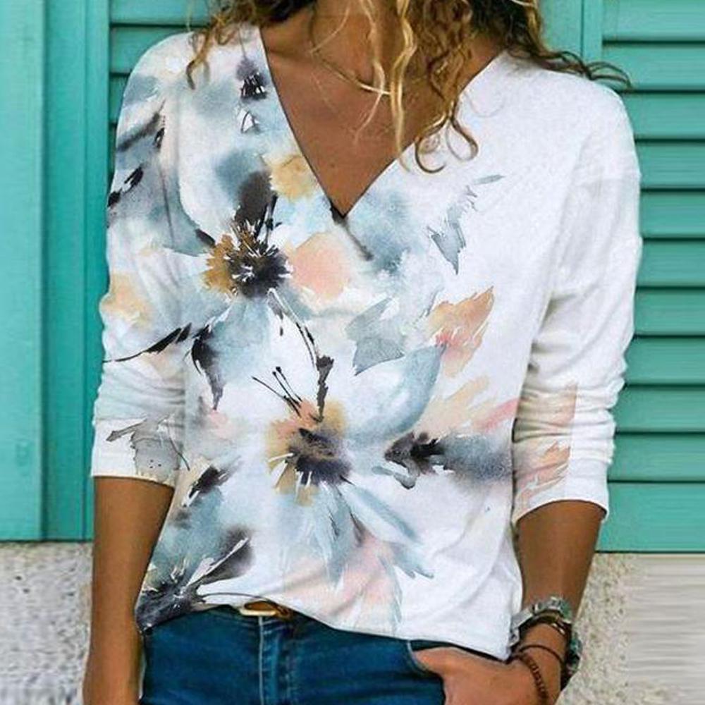 Stilla | Fashionable Print V Hals Langærmet T-shirt