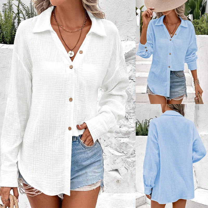 Lys struktureret button-up bluse til damer med bundet frontbånd Stilla