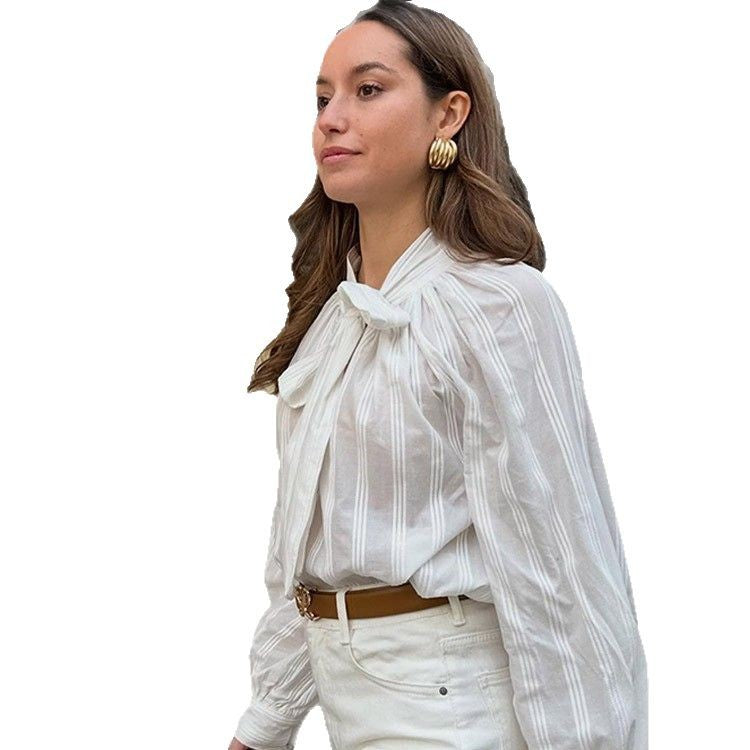 Dame elegant bluse med sløjfe-detalje og stribet design Stilla