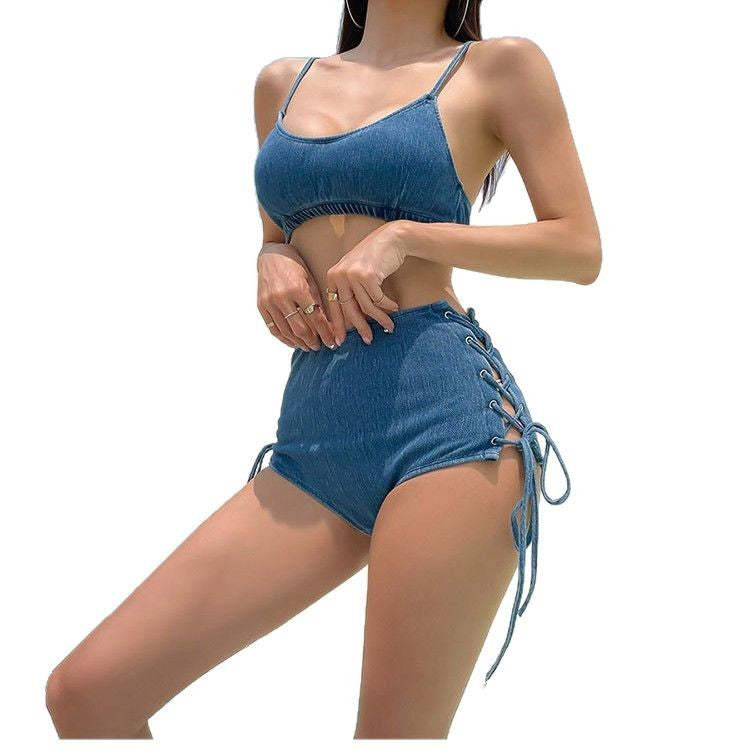 Dame Denim Højtalje Bikini Sæt Stilla