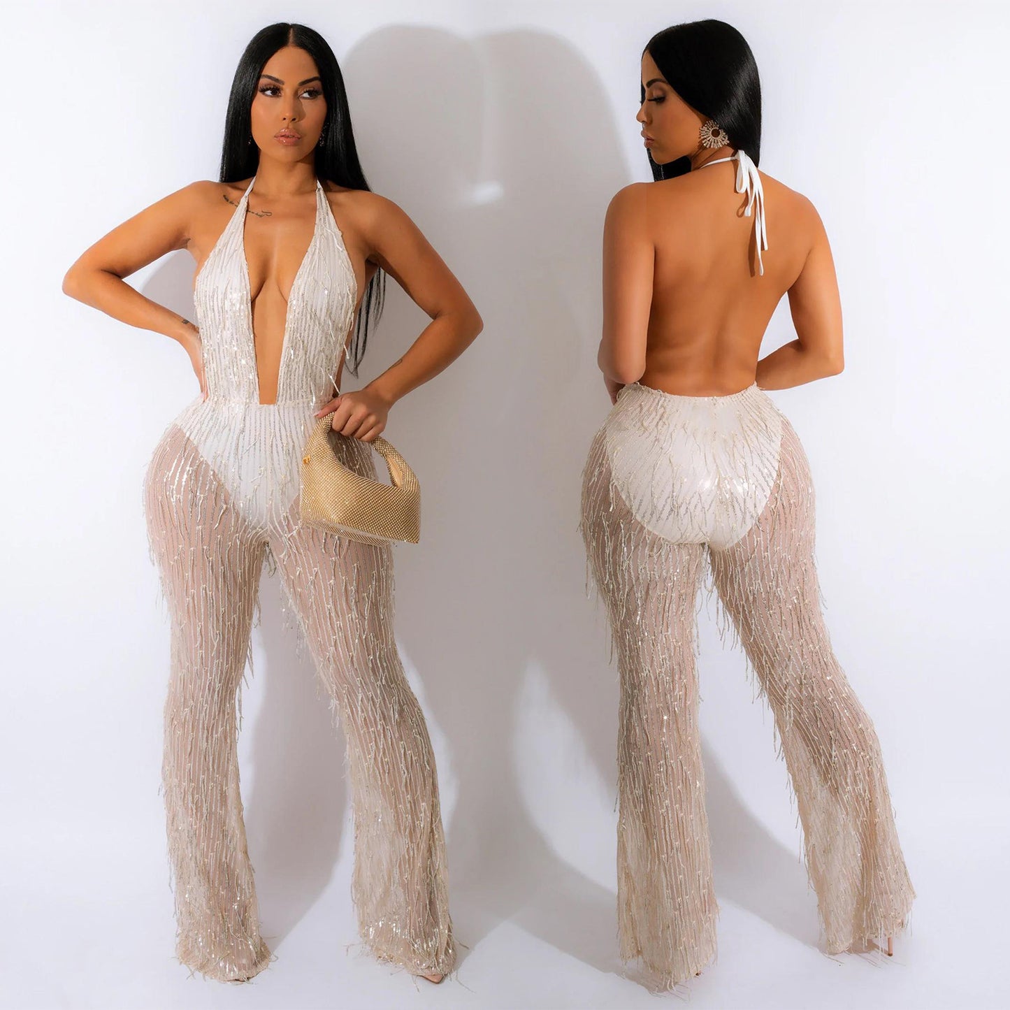 Dame Glamourøs Jumpsuit med frynser og strass dekorationer Stilla