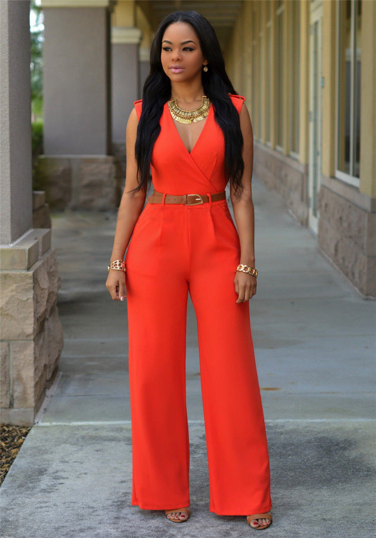Dame Elegant jumpsuit med dyb V-hals og brede ben Stilla