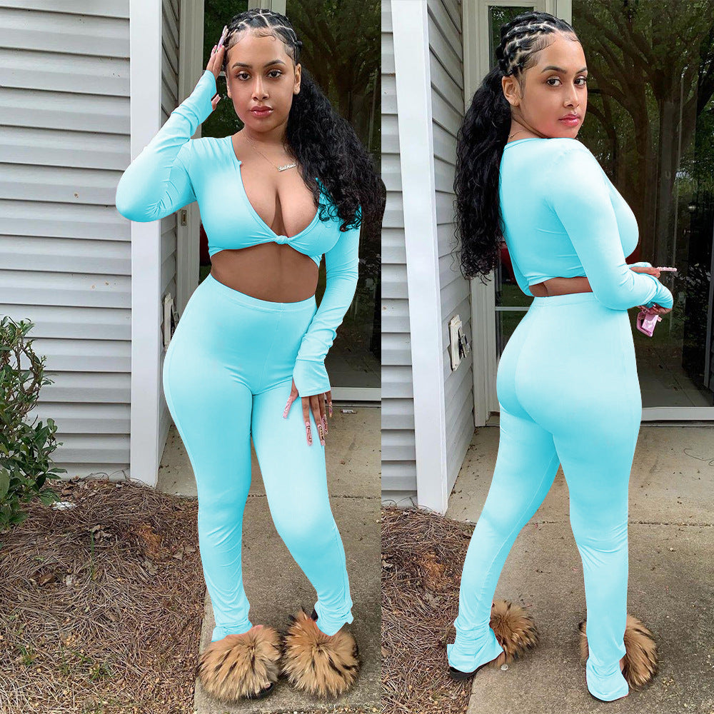 Stilfuldt langærmet crop-top og leggings sæt til damer Stilla