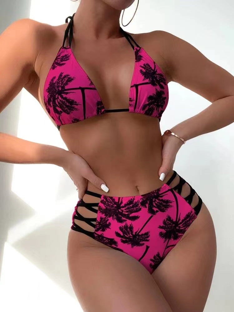 Dame triangel-bikini med stilfulde snore-detaljer og palmeprint Stilla