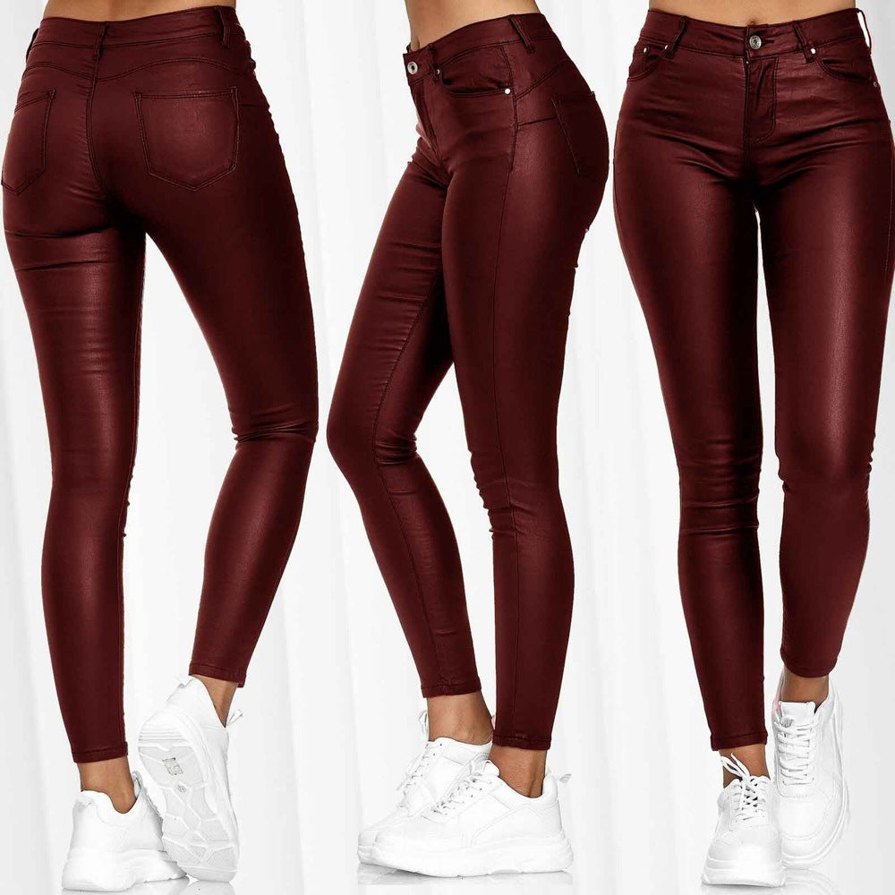 Dame Højdeskåret Skinny Jeans i Læderlook med Lommer Stilla