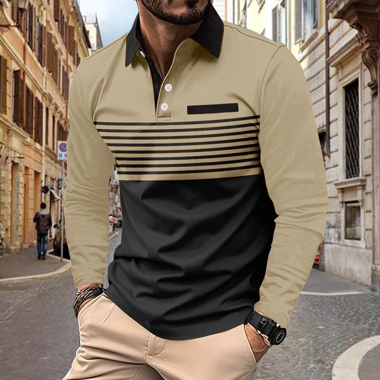Herrer Langærmet Poloshirt med stilfuldt stribedesign og kravefokuseret snit Stilla